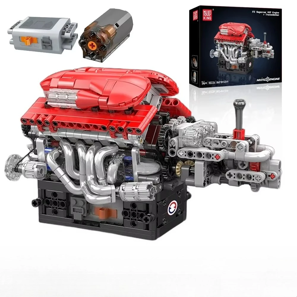 Mould King 10226 FE Supercar V12 Engine Model 863pcs Advanced Engineering Building Blocks with Functional Transmission System