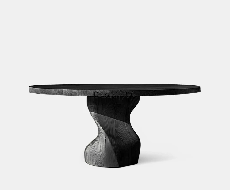 

Italian minimalist round black solid wood dining table special-shaped wabi-sabi ash wood household dining table