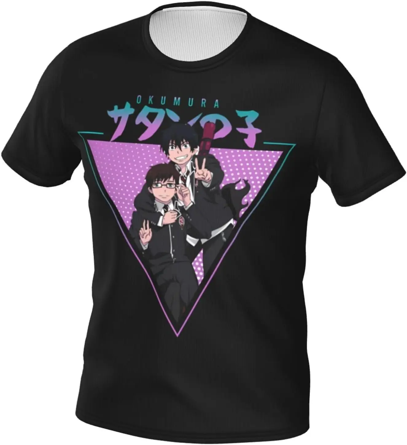 Blue Anime Exorcist Shirt Men's Fashion Pattern Short Sleeve T Shirt Wicking Classic Top Tees Black