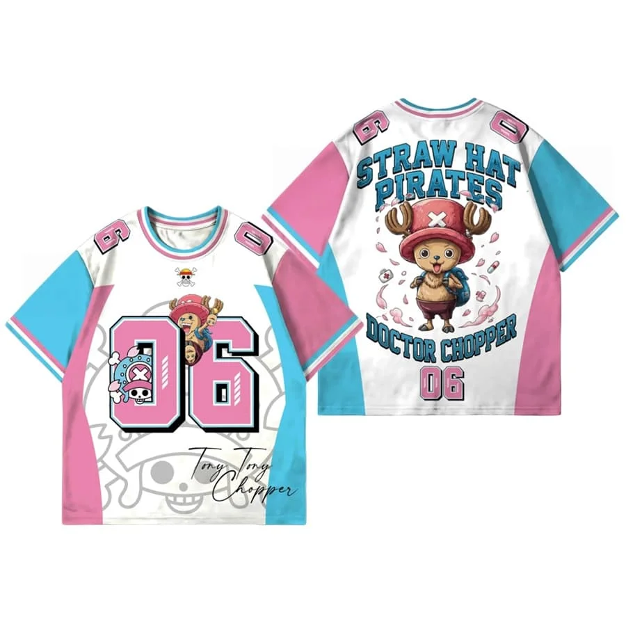 One Piece Tony Tony Chopper # 06 Jersey-T-Shirt, Herren Damen Weiß Rosa Blau Colorblock Kurzarm Anime Streetwear T-Shirt