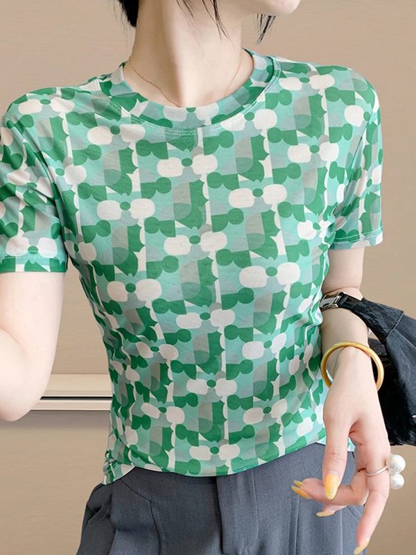 Slim Fit Ice Silk T-irt round Ne ort Sve Women's Faion Summer New Sle European oulder Line Printed Me Top