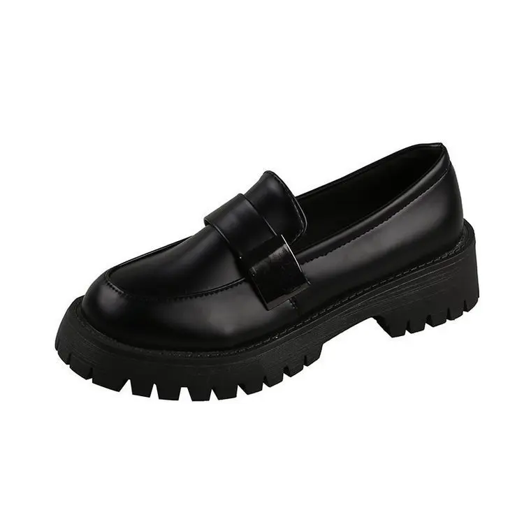 Woman Solid Black PU Leather Loafers Zapatos De Mujer Dropshipping 2021 Casual Women Slip on Flats Round Toe Platform Shoesad34