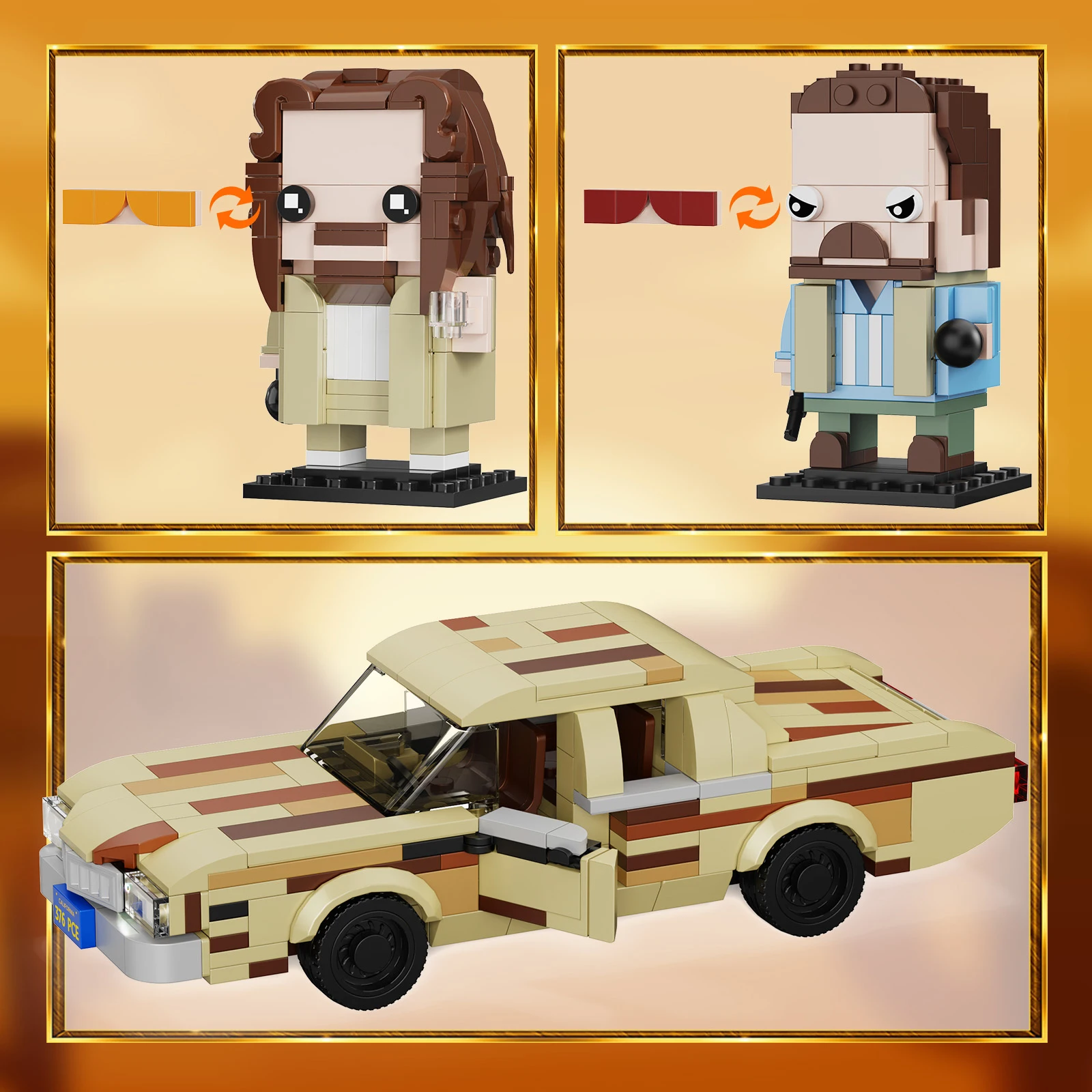 MOC Jeff the Dude & Walter Sobchak BrickHeadZ und Auto-Baustein-Set, Film-Protagonistenfiguren, Spielzeug, Fans, Weihnachtsgeschenke