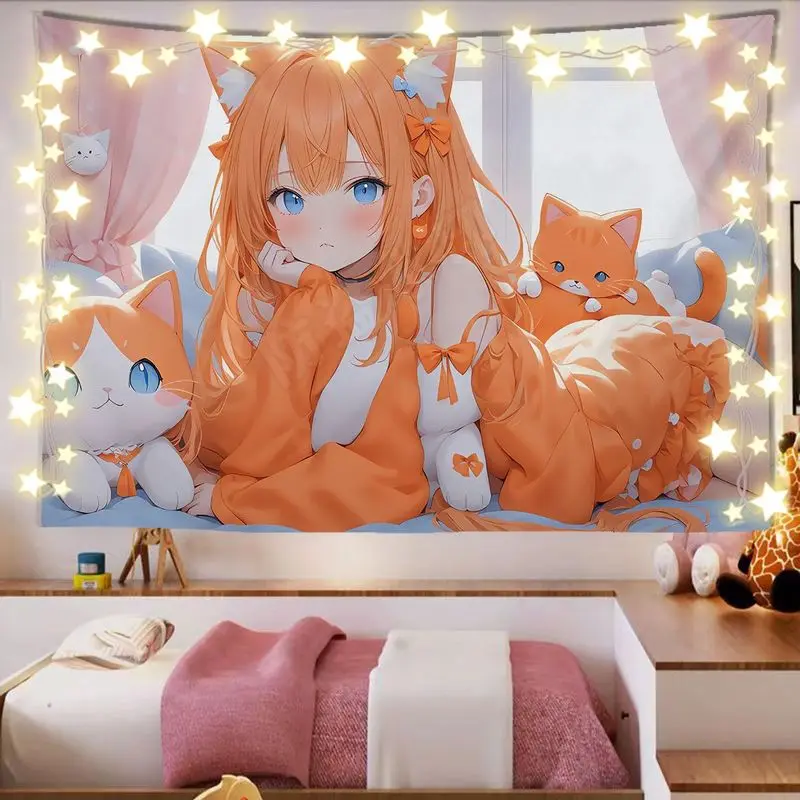 VIKAMA Blue Hair Cat Ear Girl Tapestry Wall Hanging Home Decor for Bedroom Living Room Dorm anime Luoli Cat Doll Window Warm