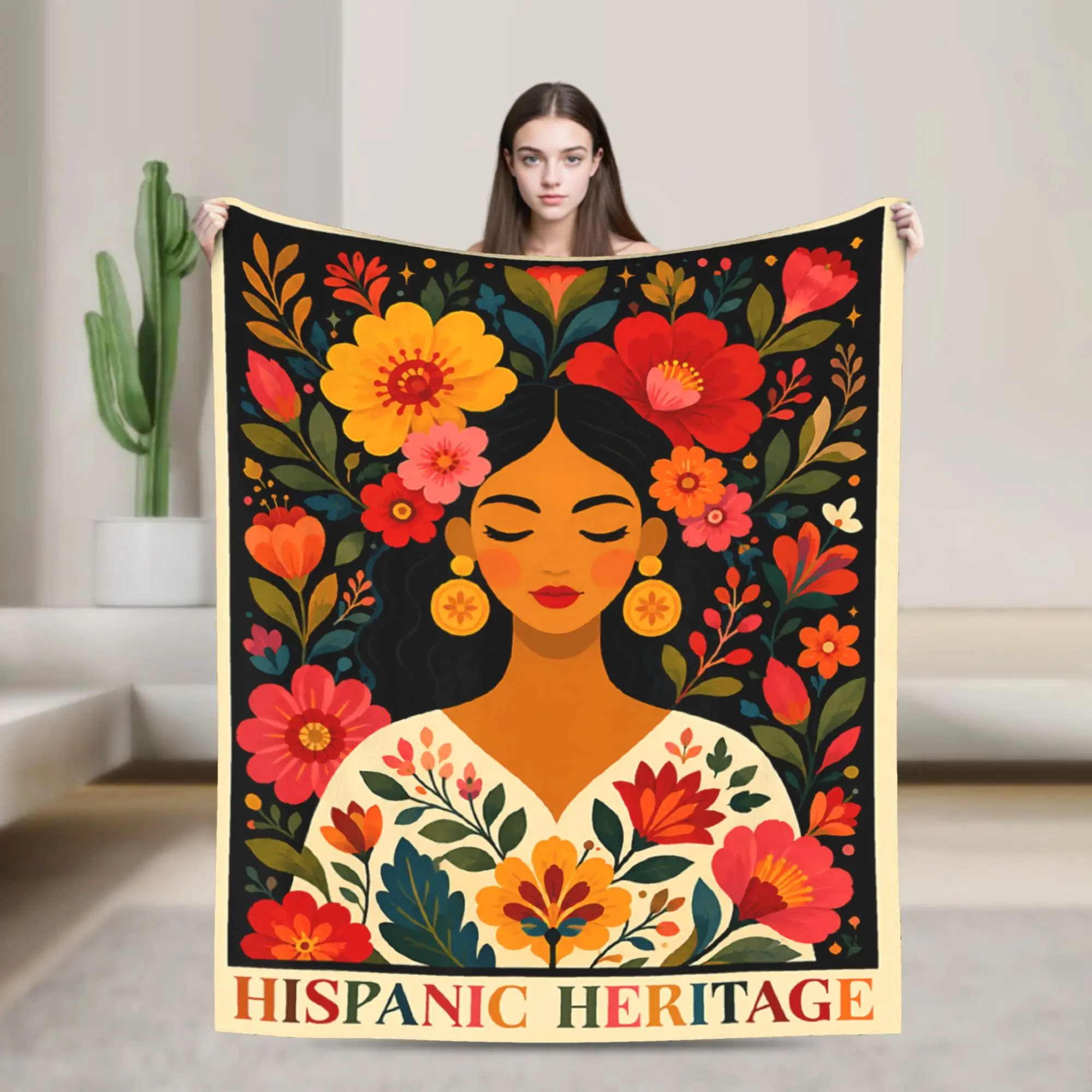 Hispanic Heritage Month Flowers Stamp Latin Blanket Quality Cozy  Throw Blanket Autumn Travel Couch Bed Graphic Bedspread