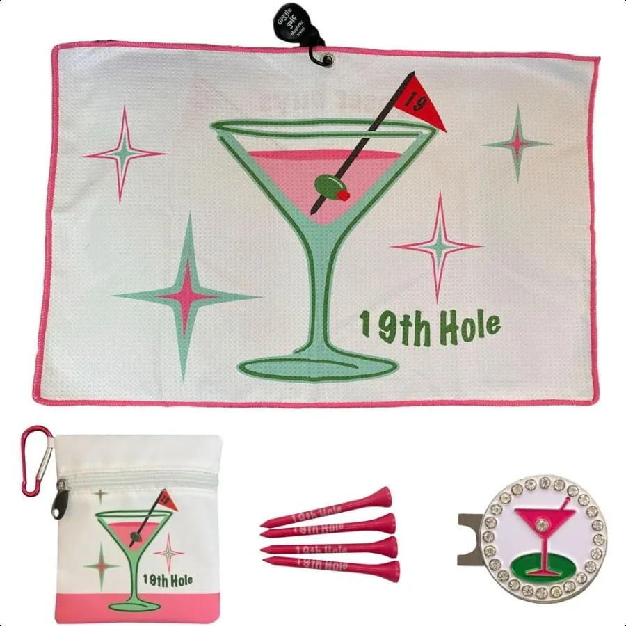 

Martini Par 3 Pack for Women Waffle Weave Golf Towel Tee Bag with Tees and Bling Ball Marker with Magnetic Hat Clip 19th Hole