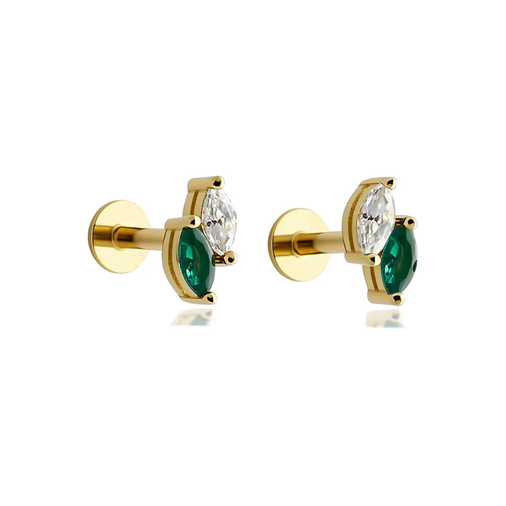 

CCFJOYAS 100% 925 Sterling Silver Mini Cute Two Color Eye shaped Zircon T-tube Flat Bottom Screw Earrings Jewelry Wholesale