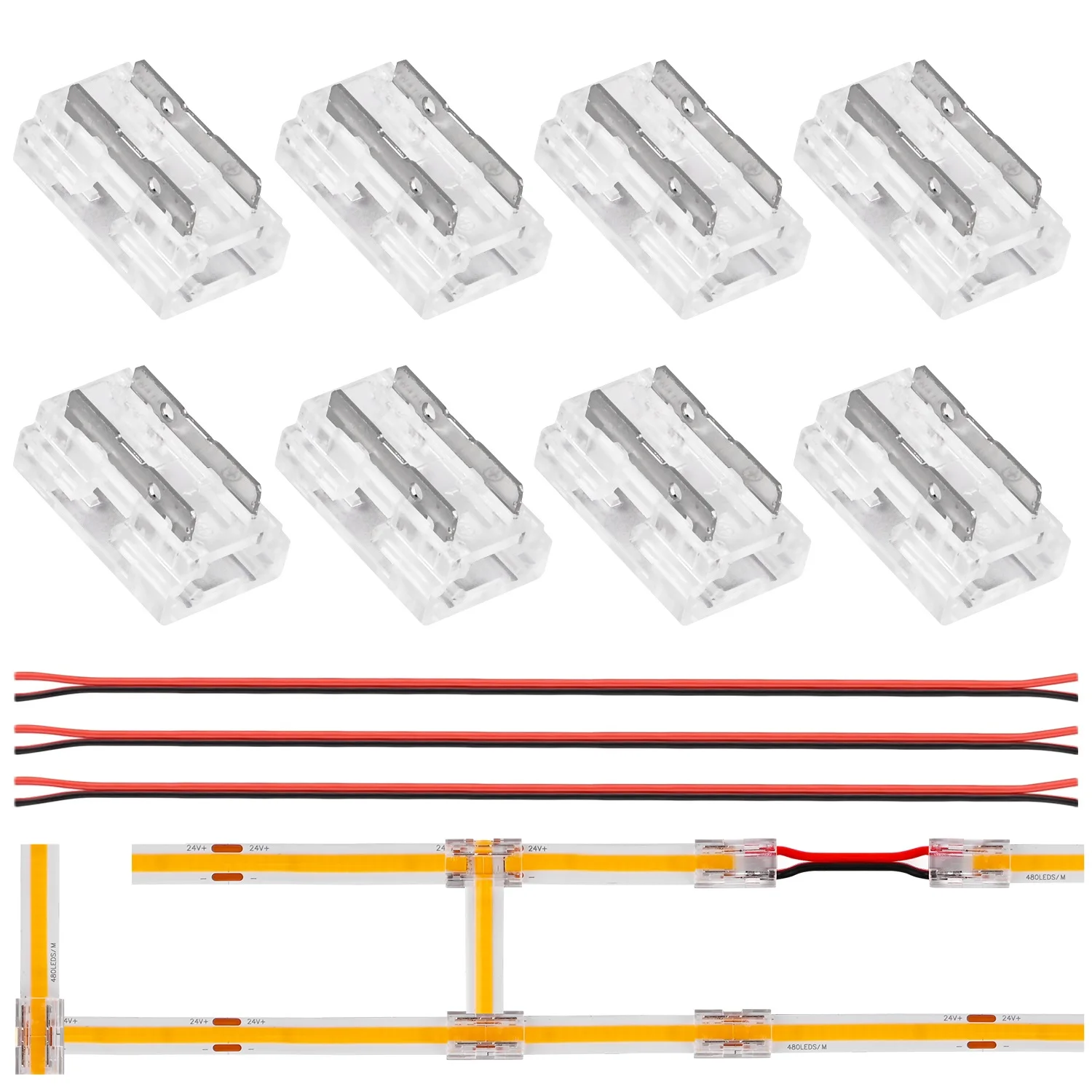 8pcs LED Connector Solderless 9 in 1 Transparent Connectors DIY L T X Shape 15cm Wire For 2pin 8mm 10mm COB LED Strip Lights