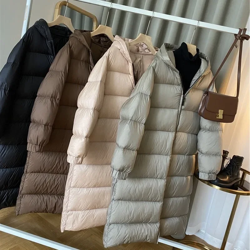 

Winter White Goose Down Coat Women Medium Length Solid Color Loose Fitting Windproof Hood Warm Coat Down Jackets Women Parkas