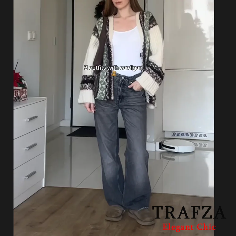 TRAFZA Casual Long-Sleeved Knitted Women's Buttons V-Neck Top New 2024 Spring Autumn Fashion Holiday Cardigan