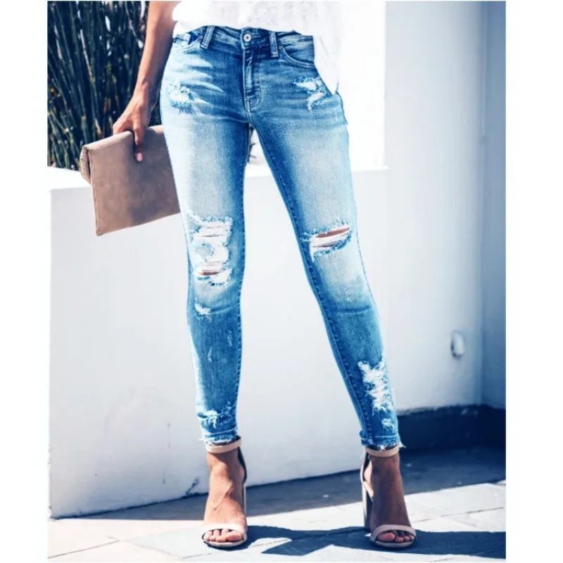 

2024 Spring Summer New Women's Clothing Solid Color Fashion Ripped Denim Trousers