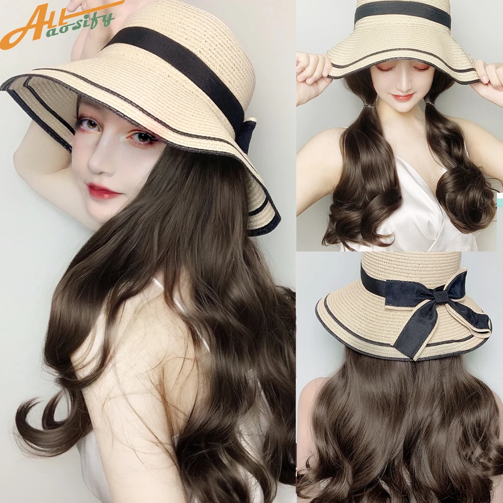 Allaosify Synthetic Wigs Cap Hat Short Straight Hair Extensions For Women Pink Brown Hat With Hair Summer Female Cap With Wig