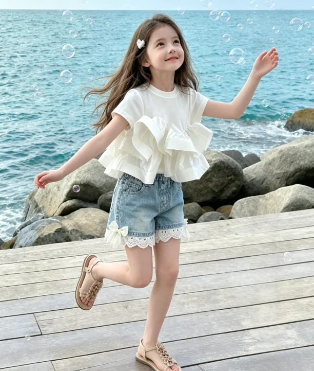 

Girls' Suit Summer Children's Three-dimensional Lace Short-sleeved Top Floral Bow Tie Denim Shorts Two-piece Set