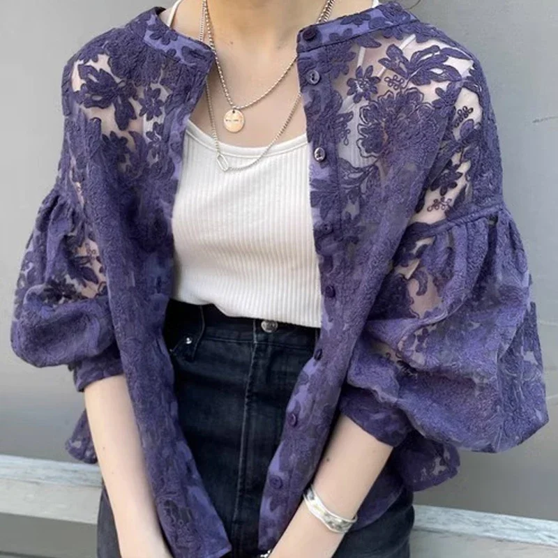 Vintage Embroidery Lace White Shirt Women Casual Fashion Loose Lantern Sleeve Blouse Women Floral Slim Female Tops Blusas 28379