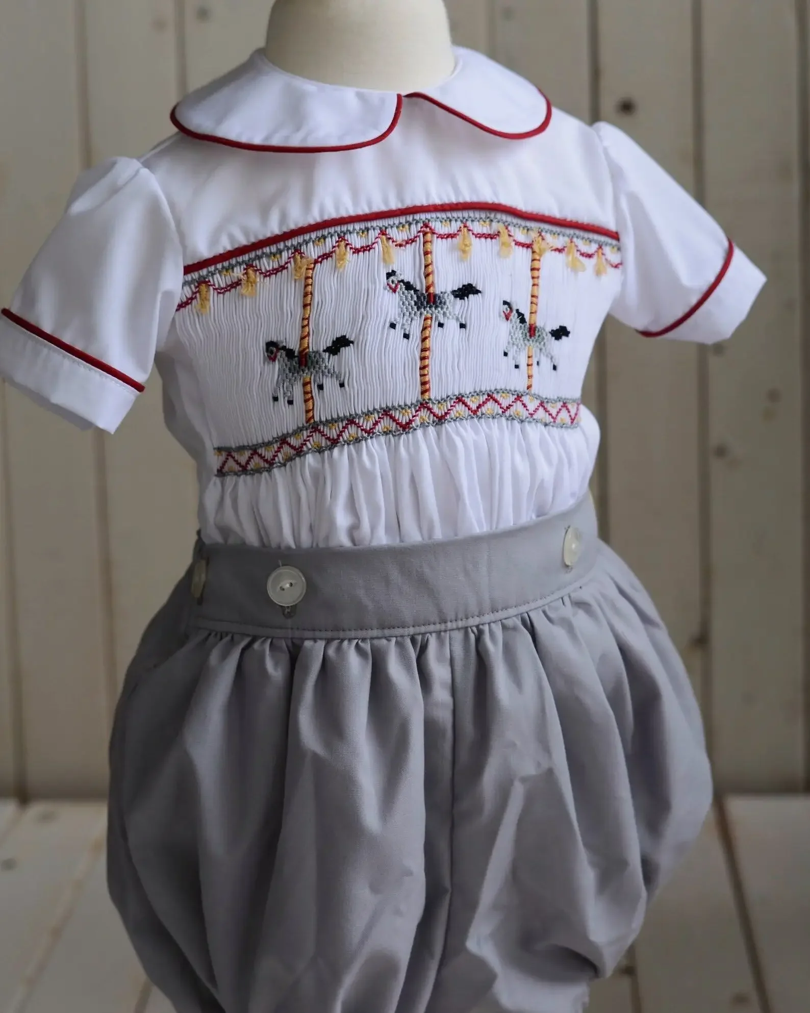 0-6Y Boy Summer White Horse Smocked Outfit Suit