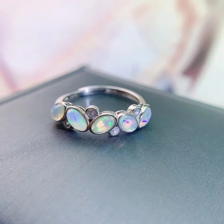 3mm*5mm Natural Opal Ring Total 0.75ct Australia Opal Silver Ring for Daily Wear 3 Layers 18K Gold Plating