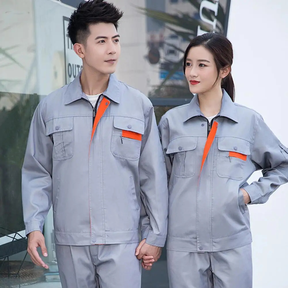 

Men Women Workwear Suit Working Clothes Overalls Lapel Zipper Top Pants Dirt-resistant Solid Color Engineering Uniforms Set