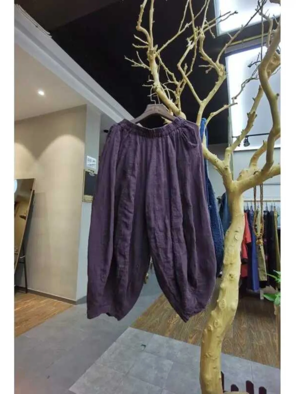 Retro Artistic Cotton Linen Lantern Pants Elastic Waist Loose Slim Multi-Panel Nine Points Women's Casual Pants Summer 2024