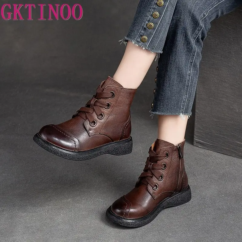 GKTINOO Genuine Leather Women Short Boots 2024 New Winter Round Toe Ziper Solid Color Handmade Retro Ankle Boots