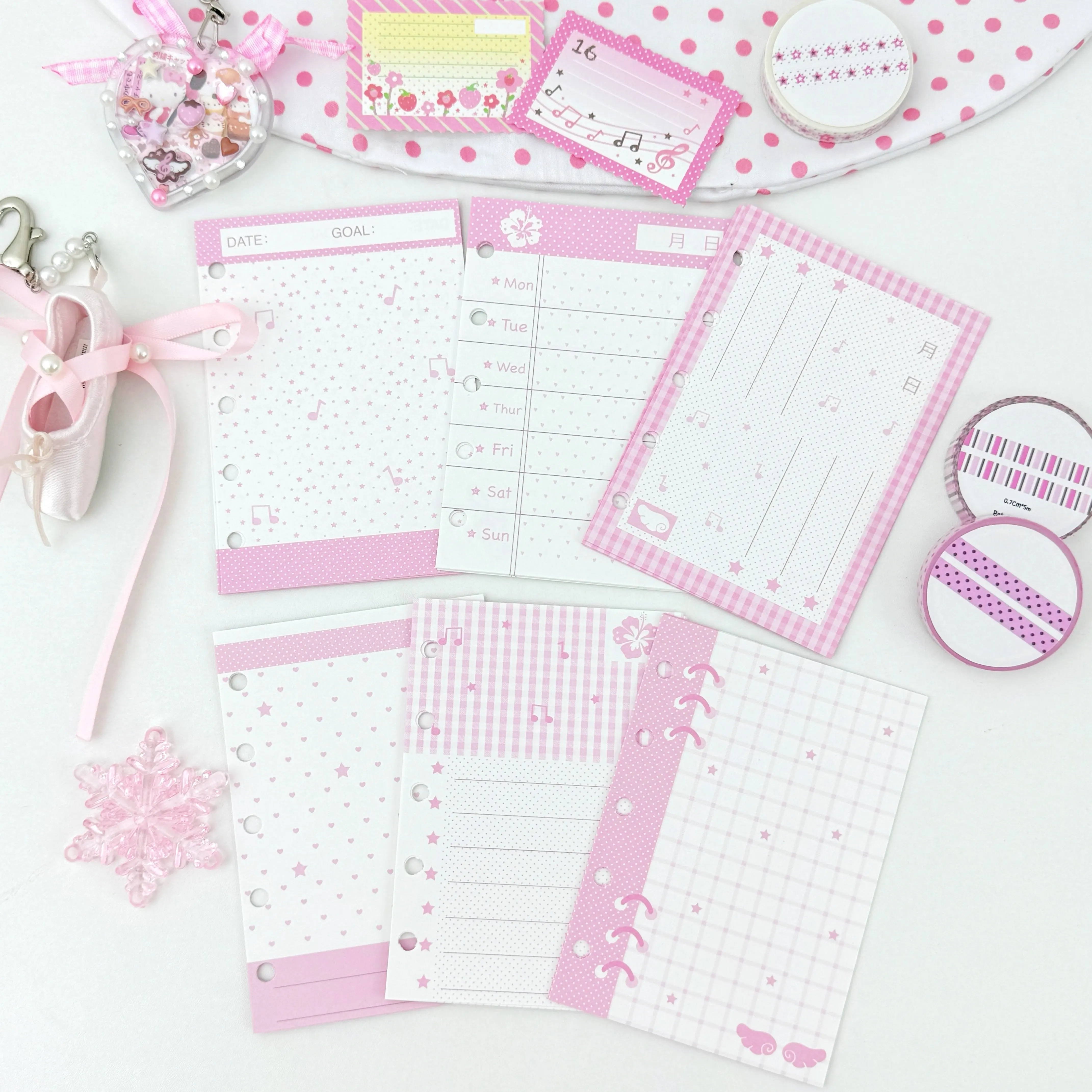 60pcs M5 Planner Inserts Cute Pink Music Note StarsTheme Prepunched Hole Refill Paper for Mini Pocket Binder Weekly Planner