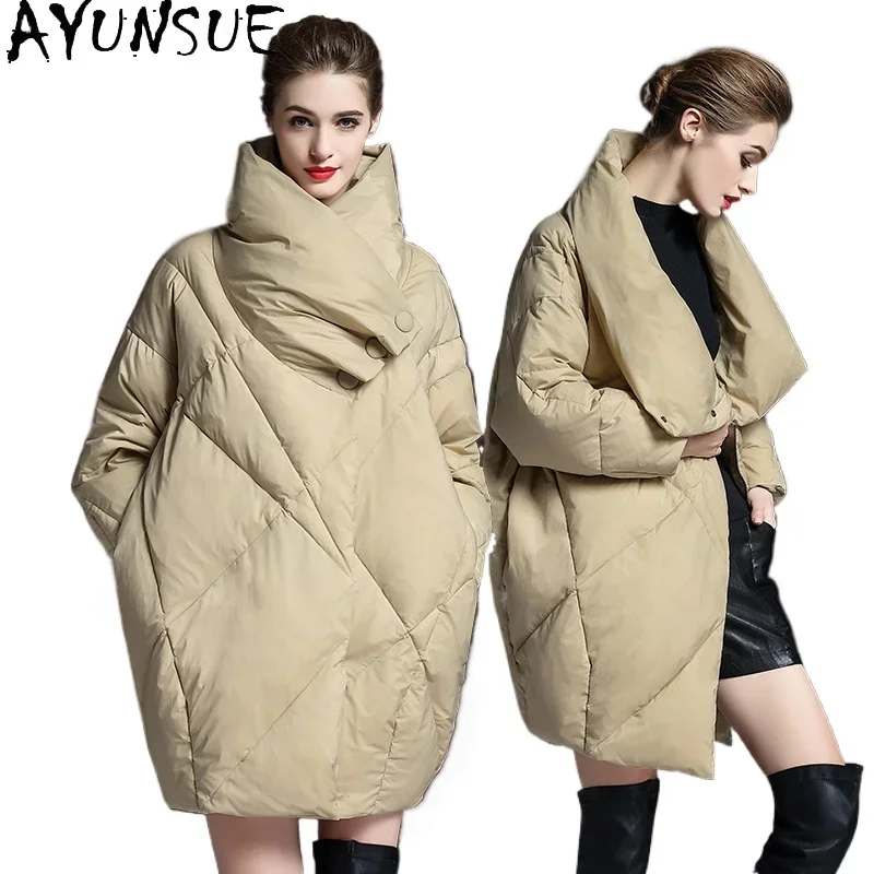 AYUNSUE White Duck Down Puffer Jacket Women 2024 Winter Luxury Clothes Mid Length Down Coats Oversize Outerwears Пуховик Женский