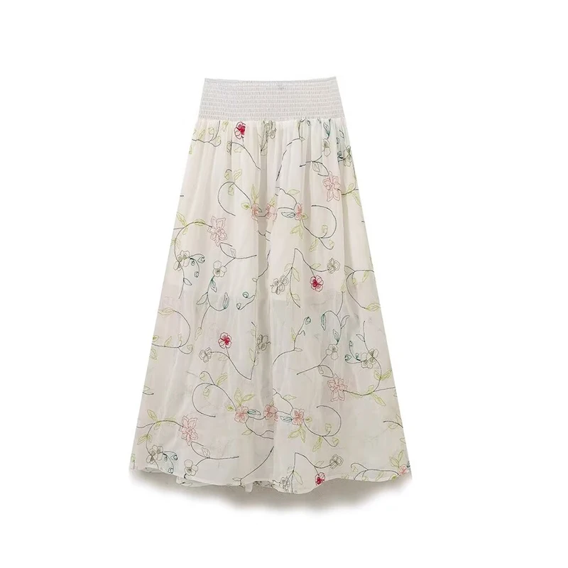 YENKYE 2024 Women Vintage Elastic High Waist Floral Embroidery Midi Skirt Holiday Summer Boho Skirts