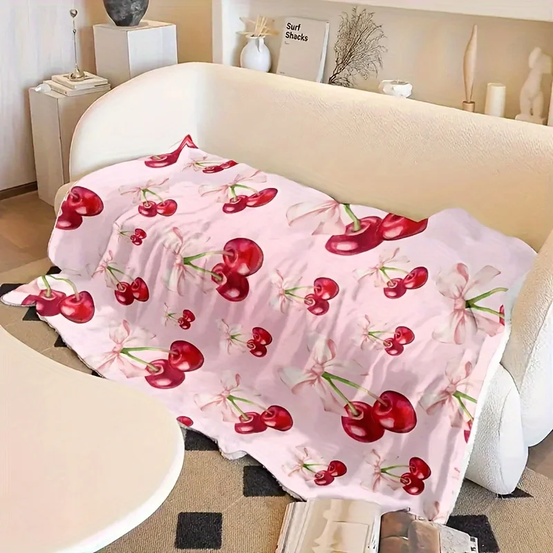 1 manta con estampado de cereza y floral, tela de poliéster, lavable a máquina, adecuada para decoración de dormitorio y sala