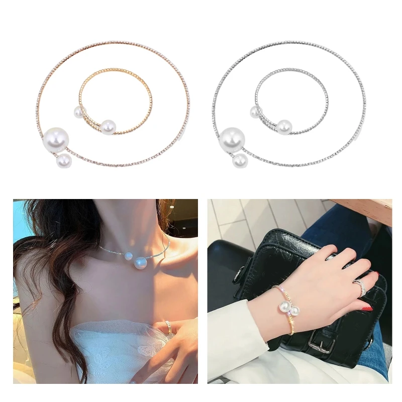 2 pcs Simple Exquisite Double Simulated-Pearl Open Choker Necklace and Bracelet Set All-match for Valentine's Day