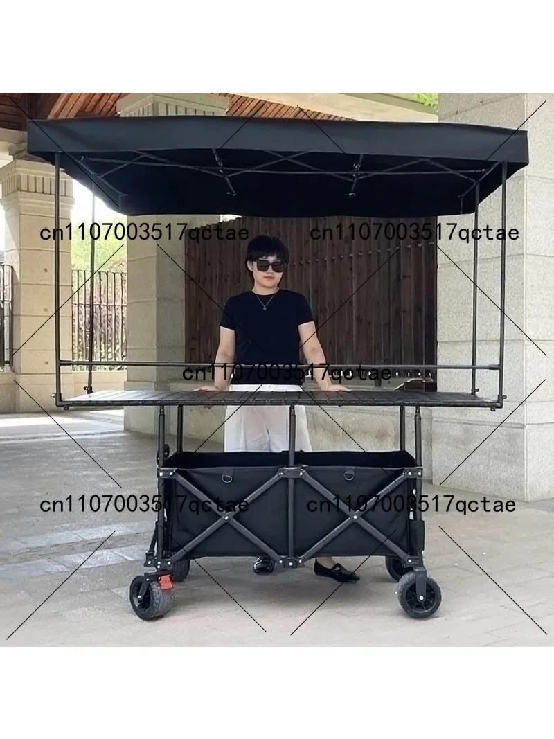 Foldable Camping Wagon 72x167cm Tabletop Lifting Mobile Stall Cart with Sunshade Awning for Outdoor Picnic Beach Travel