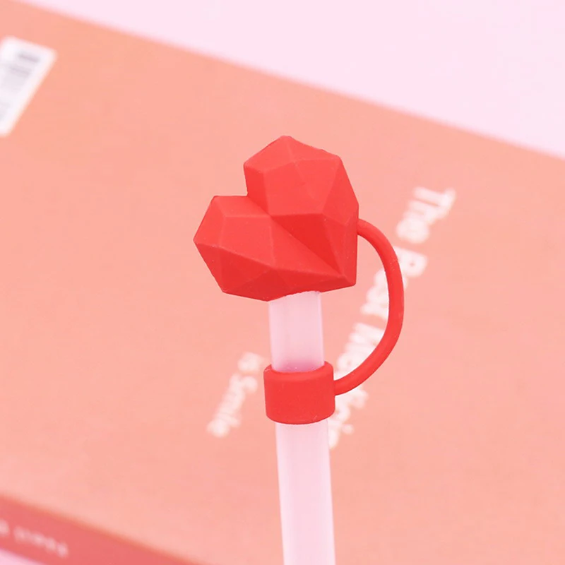 Valentines Day Diamond Heart Straw Cover Cap Cute Silicone Straw Toppers Reusable Love Heart Drinking Accessories 10mm Red Pink