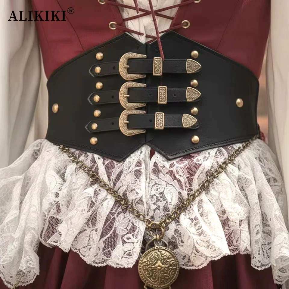 Renaissance-Korsettgürtel für Damen, breiter Taillengürtel aus PU-Leder mit goldener Schnalle für Kleider, tägliche Cosplay-Halloween-Kostüme