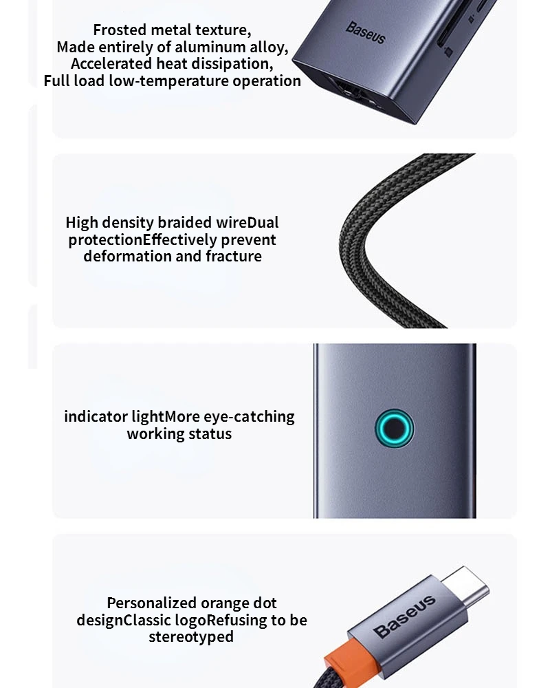 Baseus USB 3.0 Concentrator Typec 4-in-1 Docking Station for Pc Laptops Mobile Phones Multiple Interface Network Cable Converter