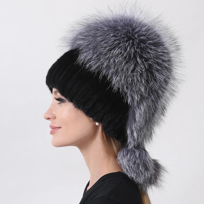 Women's Russian Winter Hat Genuine Fox & Mink Fur Knitted Beanie with Fleece Balls, Warm Trapper Cap for Cold Weather