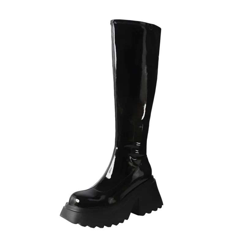 Punk Style Woman Knee-High Boots Zipper Fashion Patent Leather Long Booties Autumn Winter High Heel Ladies Shoes