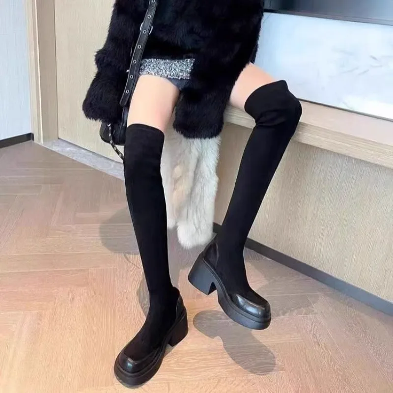 Botas altas de mujer por encima de la rodilla con punta redonda, tacón alto y grueso, plataforma, textura mixta, caña elástica, calzado casual de moda