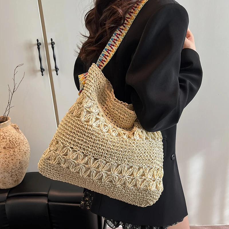 Crochet Market Bag - Бежевая вязаная сумка-тоут через плечо, ажурная