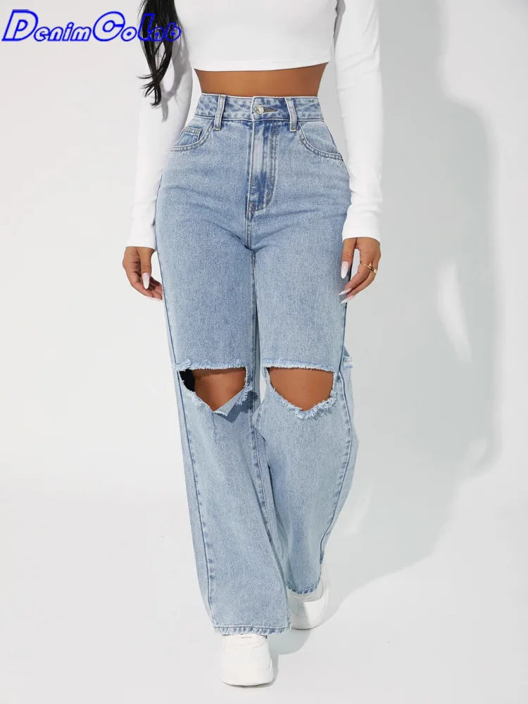 Denimcolab High Waist Straight Pant Fashion Hole In Knee Jeans Woman Loose Boyfriend Jeans Lady Streetwear Cut Out Denim Trouser