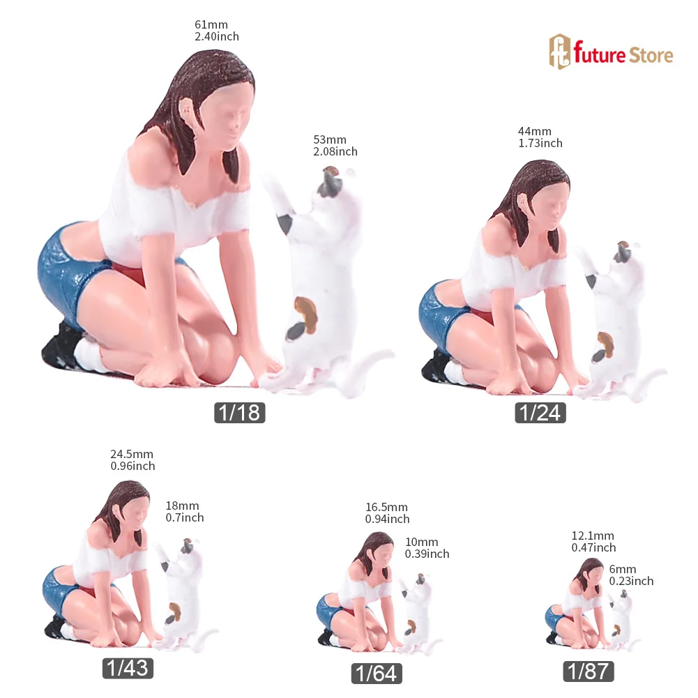 Resin 3D Print 1/87 1/64 1/43 1/24 1/18 Girl kneeling Teasing cats Miniature Figure Mini Diorama Model Creative Scene Prop Decor