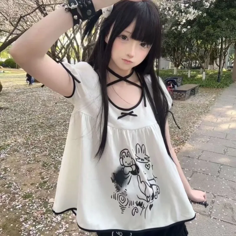 

Japanese Sweet Girl T-shirt Subculture Kawaii Cartoon Print Tshirts Harajuku Cute Bow Design Tees Women Chic Lolita Casual Tops