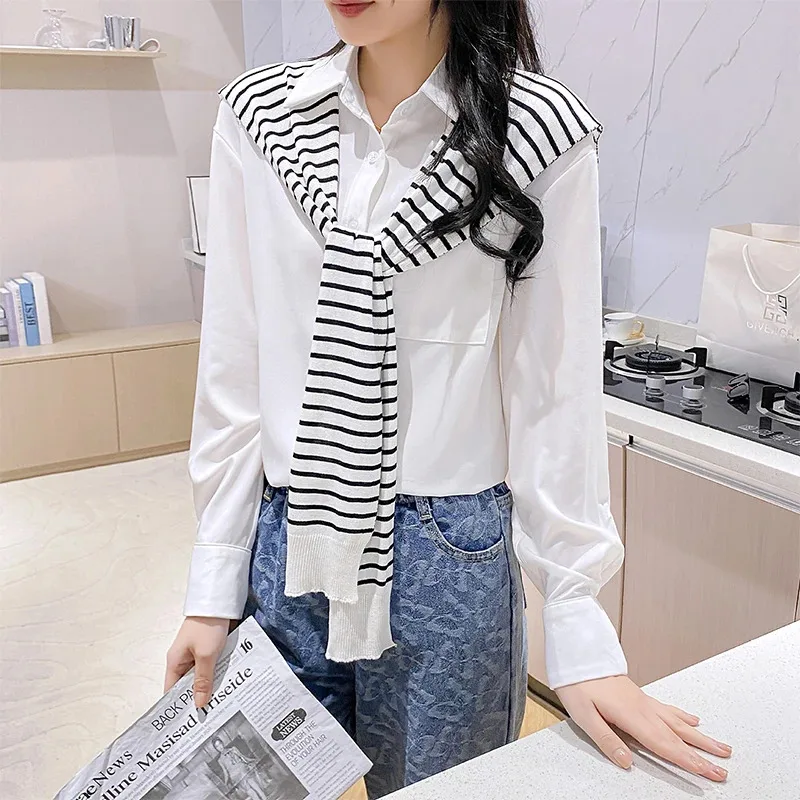 Korean Striped Knitted Warm Shawl Winter Female Blouse Shoulders Fake Collar Cape Knotted Scarf Stripe Outerwear image 5