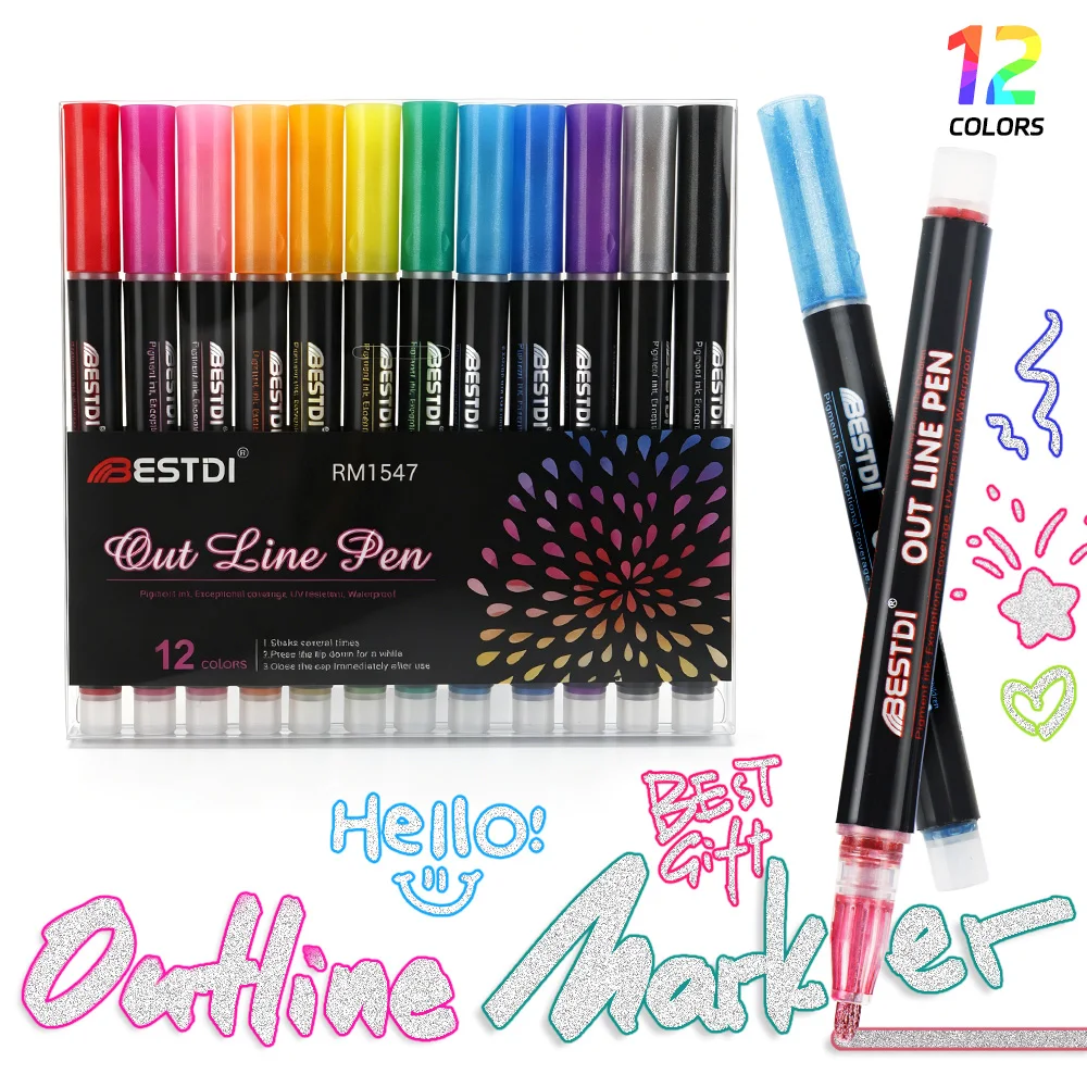 12 Colors Outline Marker Set Art Graffiti DIY Artistic Decoration Marking Art Crafts Double Line Pen Home Classroom Art Supplies