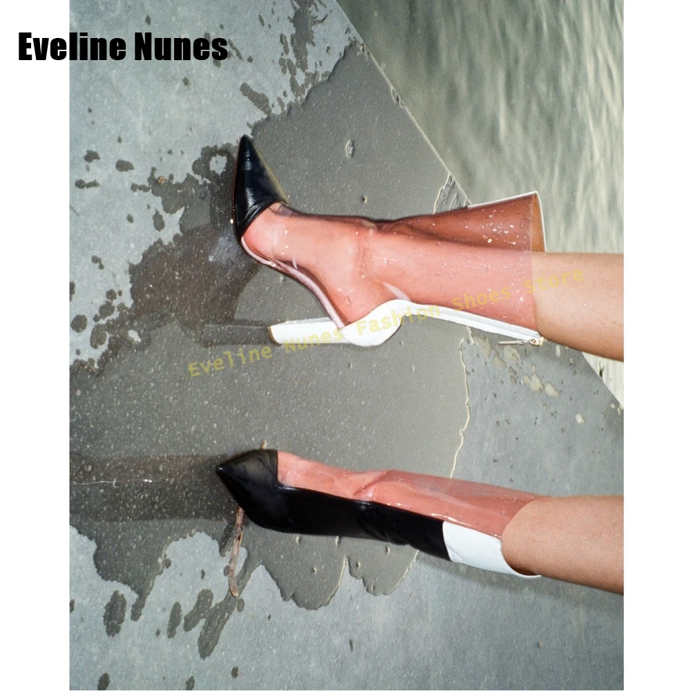 

Transparent Pvc Fashion Mid-Calf Boots Pointed Toe Block Heels Color Blocking Back Zip Sexy Women Knee High Boots 2025 New Style