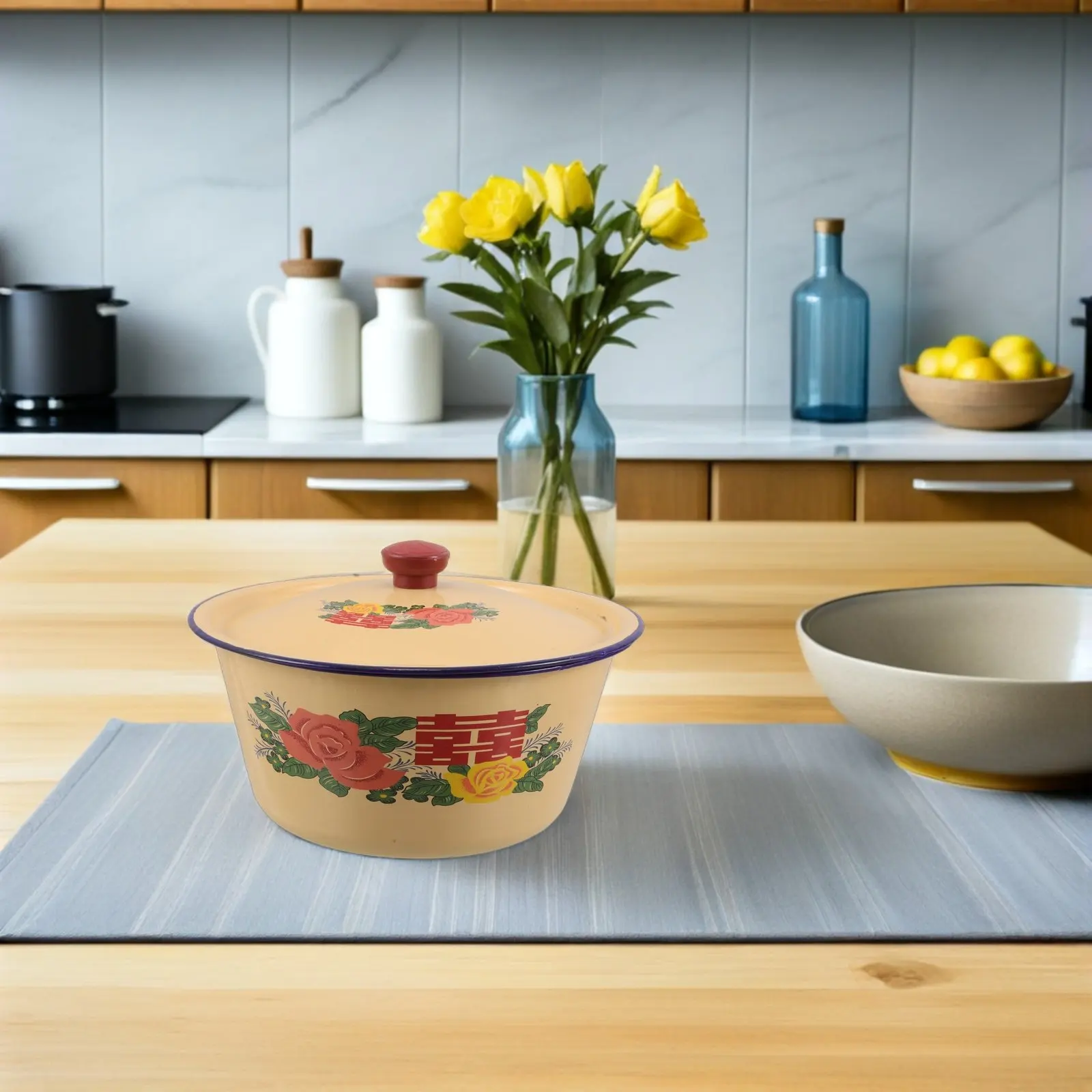 Cuenco Grande de Esmalte Amarillo Retro de 23 cm con Tapa, Tazón Vintage para Cocina, para Sopa, Fideos, Ensalada, Mezclar, Servir y Lavar, Vajilla de Esmalte