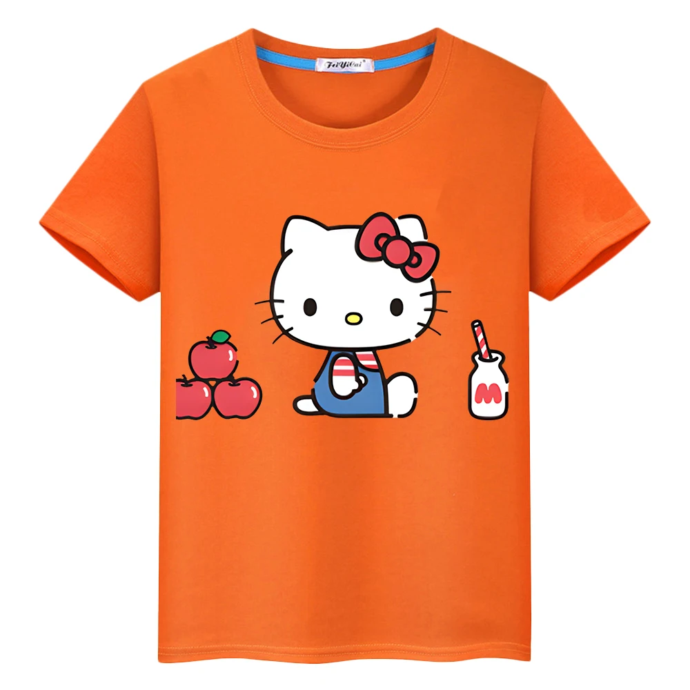 男の子と女の子のためのハローキティプリントTシャツ、綿100% 、かわいいショートトップ、漫画、夏、アニメ、y2k、ワンピース、ギフト