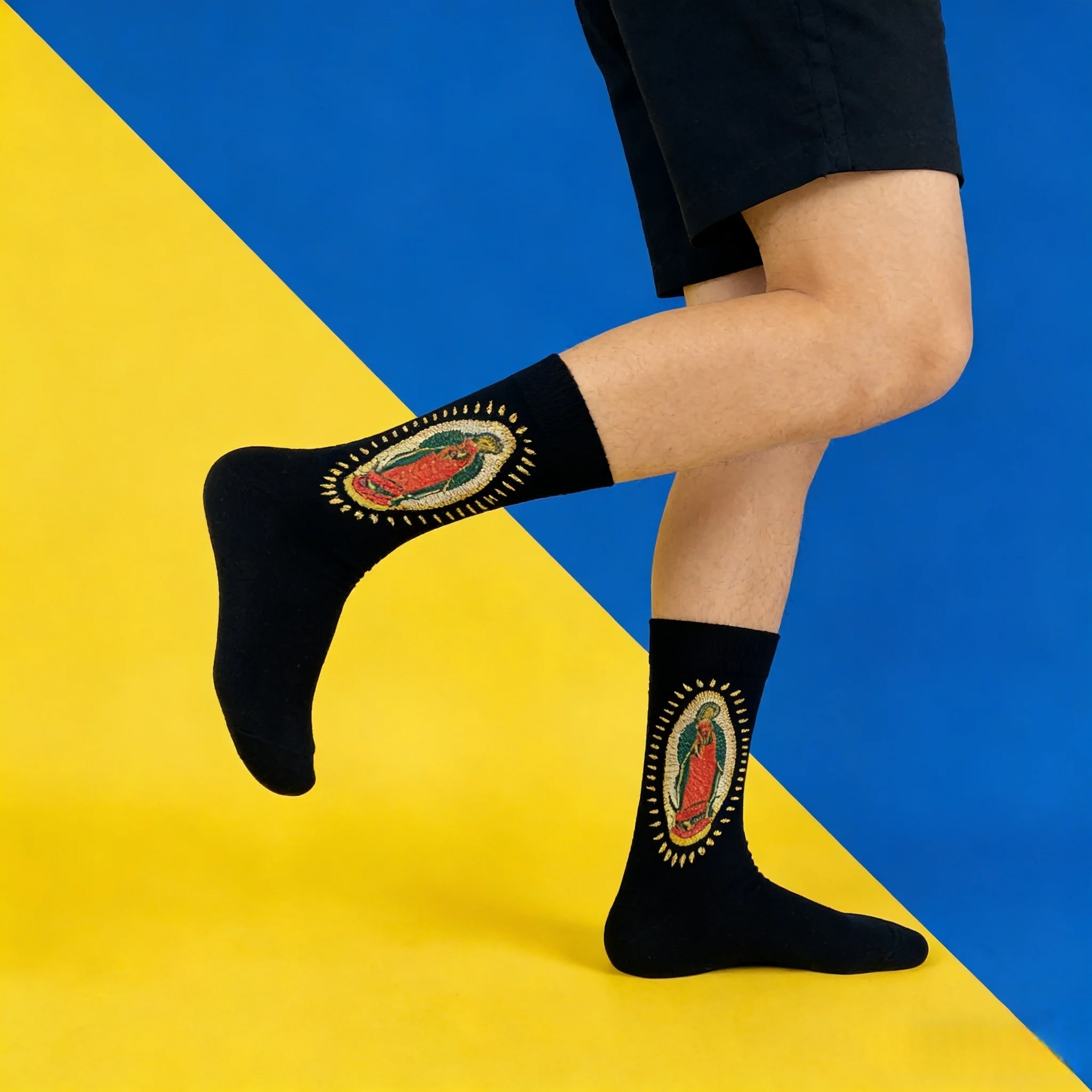 1 Pair Black Mid-calf Socks with Our Lady of Guadalupe, Suit In all Seasons