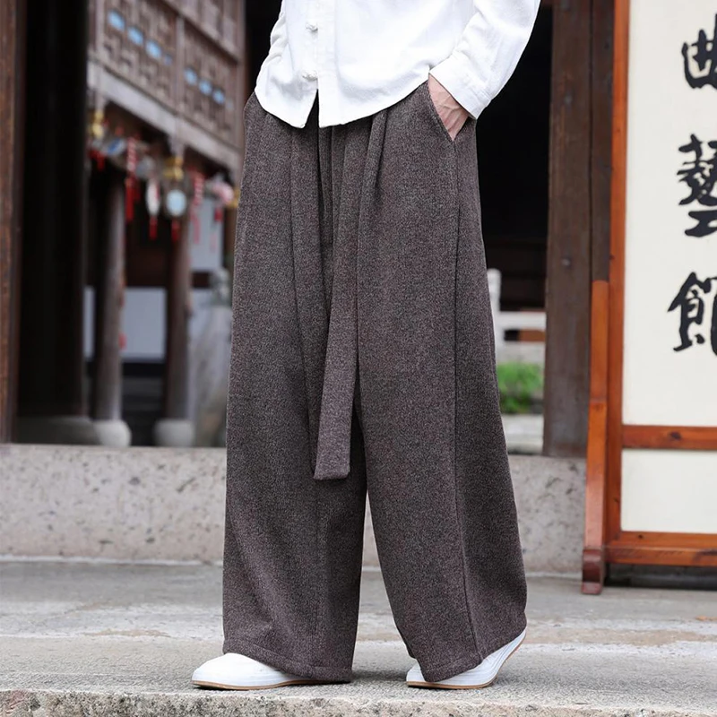 2026 Autumn Winter Daily Casual Mens Knitted Trousers Fashionable Solid Color Wide Leg Belt Design Casual Bottoms Vintage Pants