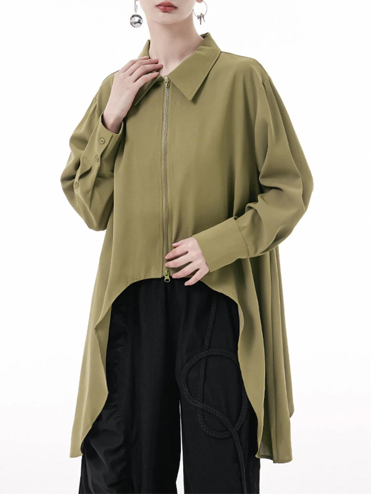 [EAM] Women Army Green Big Size Asymmetric Blouse New Lapel Long Sleeve Loose Fit Shirt Fashion Tide Spring Autumn 2024 1DH3296