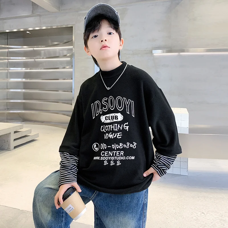 Spring 2025 Korean Teens Boy Tshirt Pullover Cotton Letter Baby Boy Top Fake Two Pieces Long Sleeve Loose Young Kid Boy Tee Tops