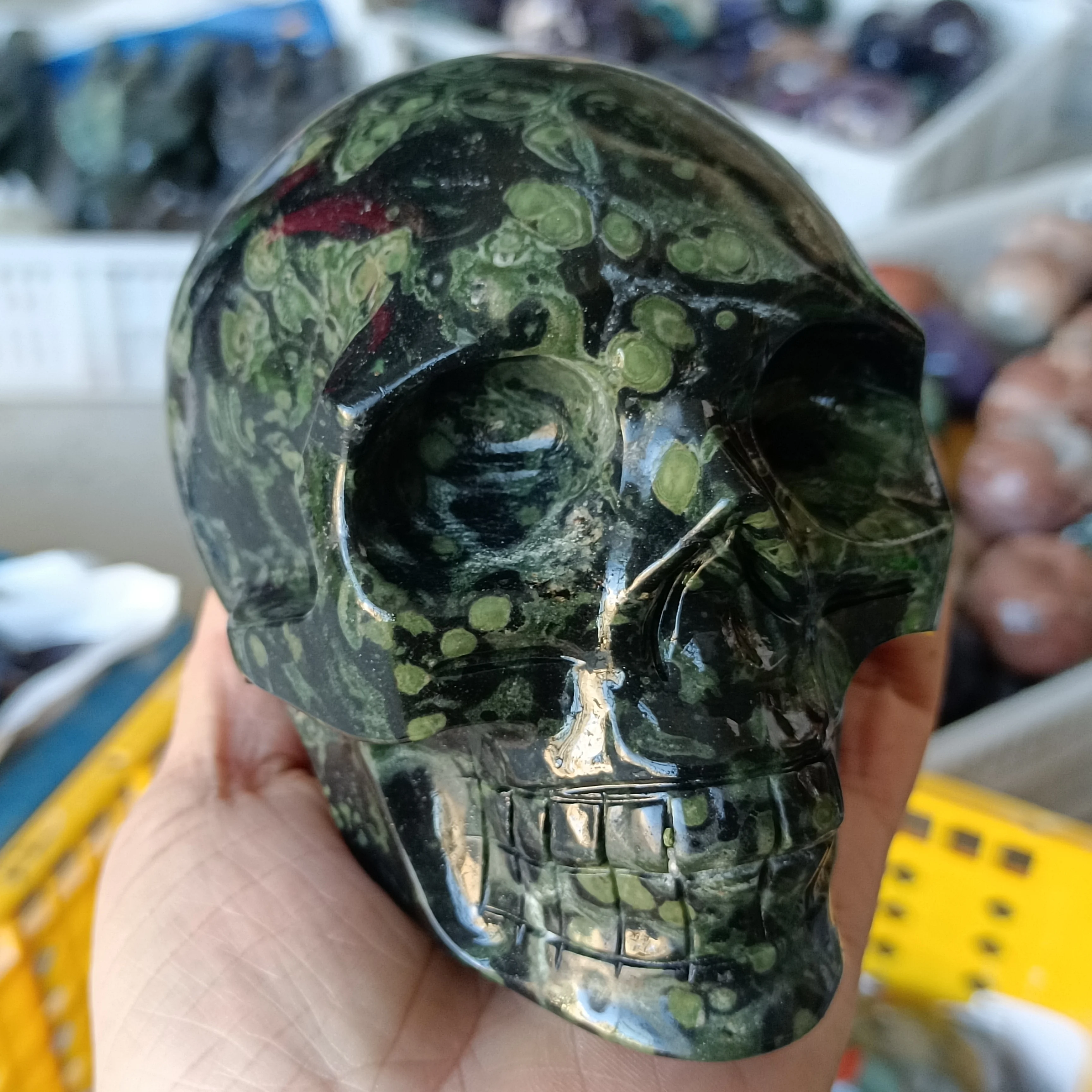 Natural Peacock Eye Skull, Green Quartz Crystal Ore, Mineral Reiki Healing, Degaussing Skull
