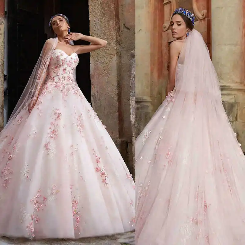 

Princess 3D Flowers Ball Gown Wedding Dresses Strapless With Veils Bridal Gowns Crystals Beadeds Vestidos De Novia Customized